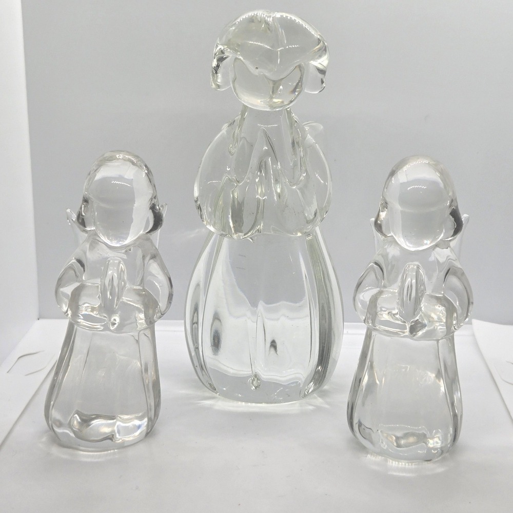 Vintage Clear Glass Angel Figurine Trio Set Praying Figural Decor